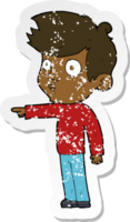 retro distressed sticker of a cartoon pointing boy png