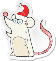 retro distressed sticker of a cartoon mouse in christmas hat png