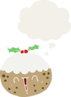 cute cartoon christmas pudding with thought bubble in retro style png