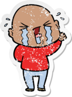 distressed sticker of a cartoon crying bald man png