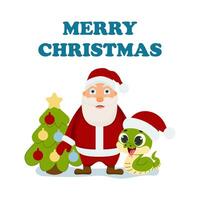 Cute green snake and Santa Claus and christmas tree. flat illustration. Merry Christmas And New Year. vector