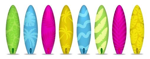 Set of 3D color surfboards on transparent background. illustration. Sport and relax vector