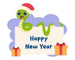 tarjeta contento nuevo año con linda serpiente y regalos. 2025 chino nuevo año. ilustración vector