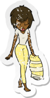 retro distressed sticker of a cartoon woman going to bed png