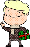 cartoon man carrying christmas present waving png