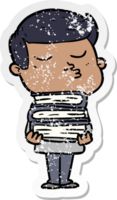 distressed sticker of a cartoon model guy pouting holding books png