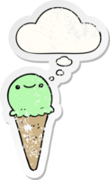 cartoon ice cream with thought bubble as a distressed worn sticker png