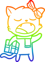 rainbow gradient line drawing of a cartoon cat with christmas present png