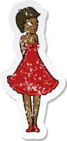 retro nödställd klistermärke av en tecknad vacker kvinna i klänning png