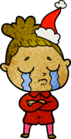 hand drawn textured cartoon of a crying woman wearing santa hat png