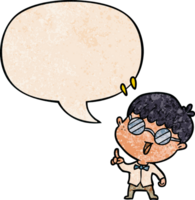 cartoon clever boy with idea with speech bubble in retro texture style png