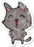 distressed sticker of a happy cartoon cat meowing png