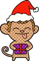 marrant main tiré bande dessinée livre style illustration de une singe avec Noël présent portant Père Noël chapeau png