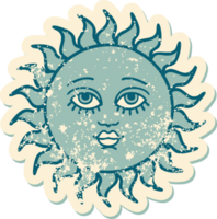 iconic distressed sticker tattoo style image of a sun with face png