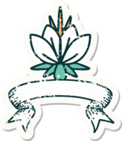 worn old sticker with banner of a water lily png