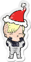 hand drawn distressed sticker cartoon of a girl wearing futuristic clothes wearing santa hat png