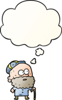 cartoon old man with walking stick with thought bubble in smooth gradient style png