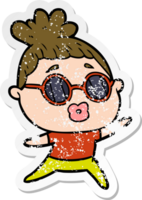 distressed sticker of a cartoon dancing woman wearing sunglasses png