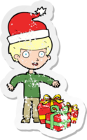 retro distressed sticker of a cartoon boy with present png