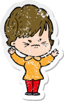 distressed sticker of a cartoon frustrated woman png