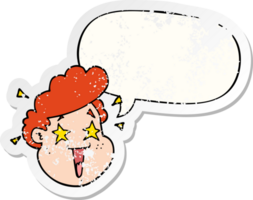 tekenfilm gelukkig gezicht met toespraak bubbel verontrust verontrust oud sticker png