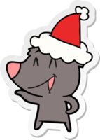 laughing bear hand drawn sticker cartoon of a wearing santa hat png