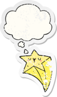 cartoon shooting star with thought bubble as a distressed worn sticker png