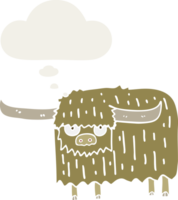 cartoon hairy cow with thought bubble in retro style png