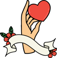 traditional tattoo with banner of a hand holding a heart png