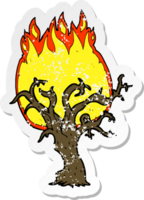 pegatina retro angustiada de un árbol de invierno de dibujos animados en llamas png