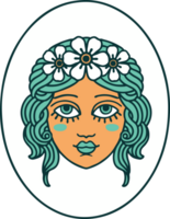 iconic tattoo style image of a maiden with flowers in her hair png