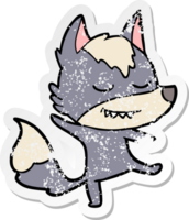 distressed sticker of a friendly cartoon wolf balancing png