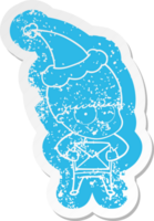 nervous quirky cartoon distressed sticker of a boy wearing santa hat png