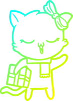 cold gradient line drawing of a cartoon girl cat with christmas present png