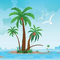 Coconut trees green grass with Sky cloud and Flying birds illustration vector