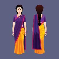 indio mujer con sari personaje poses un mujer en un sari con un trenzado cabello. vector