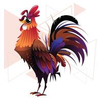 A colorful rooster character design with a colorful tail and a black and red design on it. vector