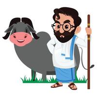 Indian Buffalo man Characters Design A man with glasses and a goat with a stick in his hand vector