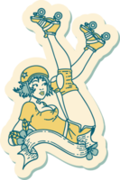 sticker of tattoo in traditional style of a pinup roller derby girl with banner png