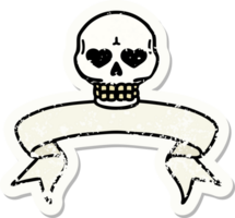 worn old sticker with banner of a skull png