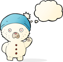 cartoon waving polar teddy bear in winter hat with thought bubble png