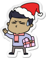 hand drawn sticker cartoon of a man sweating wearing santa hat png