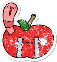 distressed sticker of a cartoon worm eating an apple png