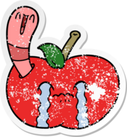 autocollant en détresse d'un ver de dessin animé mangeant une pomme png