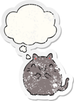 happy cartoon cat with thought bubble as a distressed worn sticker png