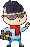 karikaturjunge mit sonnenbrille, die weihnachtsgeschenk trägt png