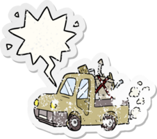 cartoon old truck full of junk with speech bubble distressed distressed old sticker png