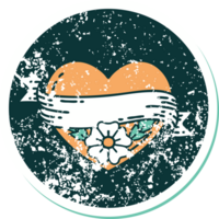 image emblématique de style tatouage autocollant en détresse d'un coeur et d'une bannière avec des fleurs png