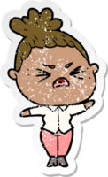 distressed sticker of a cartoon angry woman png