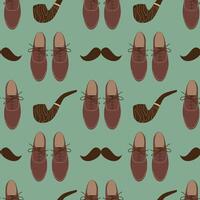 Men's clothing seamless pattern. Classic boots and a tobacco pipe on a light green background. For cover, wrapping paper, paper, case vector